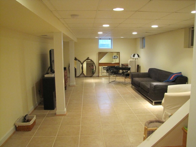 basement family room with tv