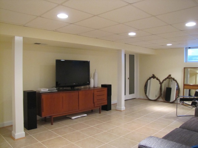 basement family room with tv