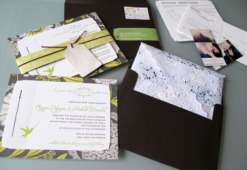 Above a standard letterpress invitation is sewn onto a colorful piece of 