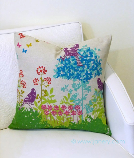 Summer Bird Garden Pillow Echino Fabric by shopjanery on Etsy