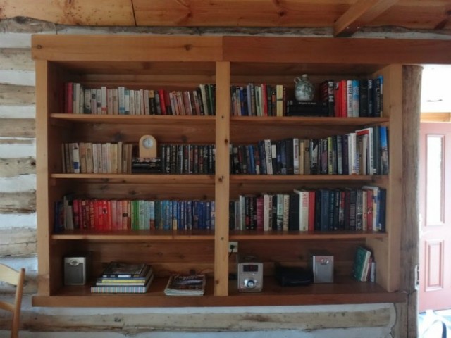 Cabin PA Bookshelves Arranged | TheBorrowedAbode.com