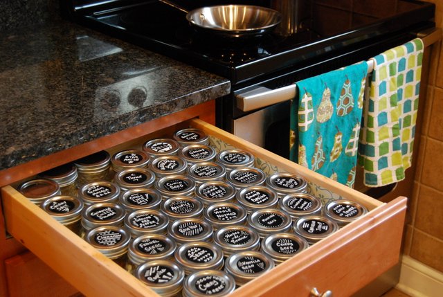 Spice Drawer Organization with Mini Jelly Jars - The Borrowed