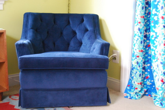 Vintage Swivel Rocker Blue Velvet Upholstery Nursery